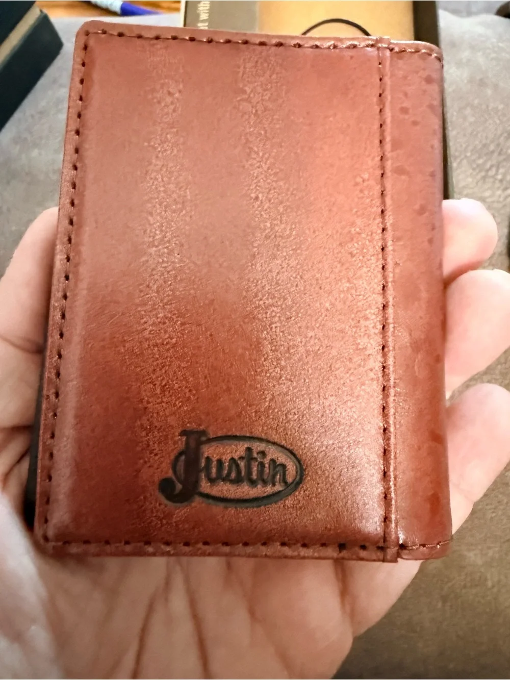 Justin Boots Brown Tooled Leather Card Wallet with White Logo Accent